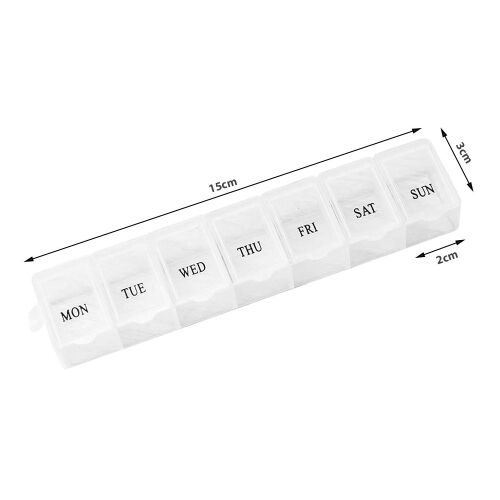 7 rekeszes gyógyszeradagoló, napi gyógyszerekhez, a hét napjaival jelölve, fehér műanyag, 15cm hosszú, 3cm széles, 2cm magas