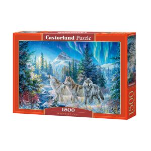 Castorland 1500-dielna skladačka, Východ Mesiaca, s  zasneženou lesnou scénou s tromi vlkmi, ktoré vyjú na mesiac - Castorland Puzzle