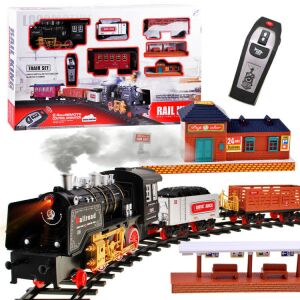 Set de tren electric Rail King cu telecomandă, locomotivă, 3 vagoane, șine, stație, accesorii - Tren, element feroviar, autostradă