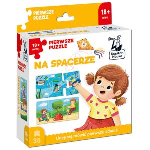 Kapitan Nauka Primele Puzzle În plimbare 14 Puzzle + Carte KS1020, o cutie cu 14 puzzle pentru bebeluși care prezintă activități de zi cu zi, cum ar fi plimbările, joaca și interacțiunea cu animalele - Premergatoare și Jocuri de dezvoltare pentru copii mici