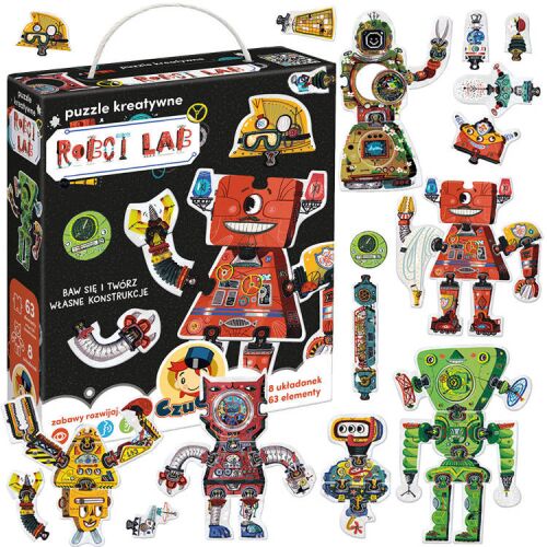 CzuCzu Puzzle Creativ Roboti Lab #4603, puzzle cu roboți din 63 de piese, construiește 8 roboți diferiți, pentru copii de la 3 ani