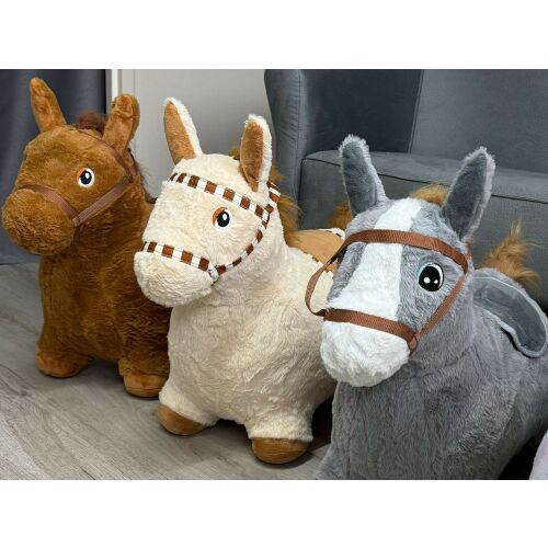 Felfújható plüss ugró lovak kollázsa gyerekeknek, szürke, barna és fehér, nyereggel és kantárral, ZA5443 JB