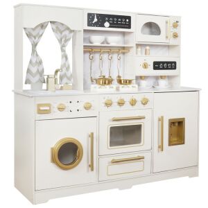 Fehér és arany színű játék konyha sütővel, mosogatóval, mikrohullámú sütővel és hűtőszekrénnyel - Ramiz