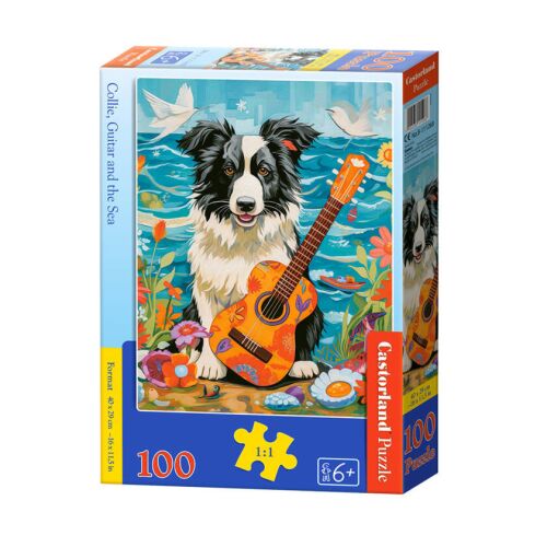 Puzzle Castorland 100 de piese, Collie, chitară și mare, prezentând un câine care cântă la chitară lângă mare
