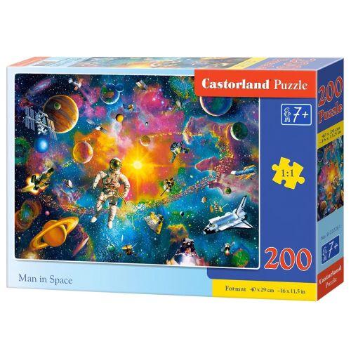 Castorland 200 darabos puzzle, Ember az űrben, egy űrhajós látható, aki a világűrben lebeg, bolygók és csillagok veszik körül