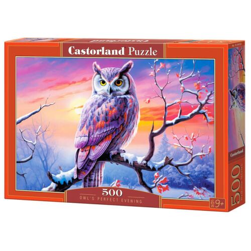 Castorland 500-teiliges Puzzle, Eulen-Abend, zeigt eine farbenfrohe Eule, die auf einem schneebedeckten Ast bei Sonnenuntergang sitzt