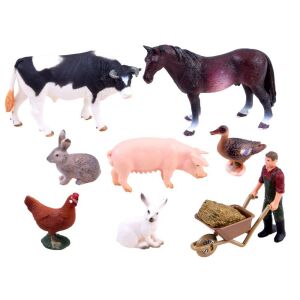 Farm állat figurák szett, tartalmaz tehén, ló, disznó, nyúl, kacsa, tyúk, gazda és talicska, ZA2994 - Figura