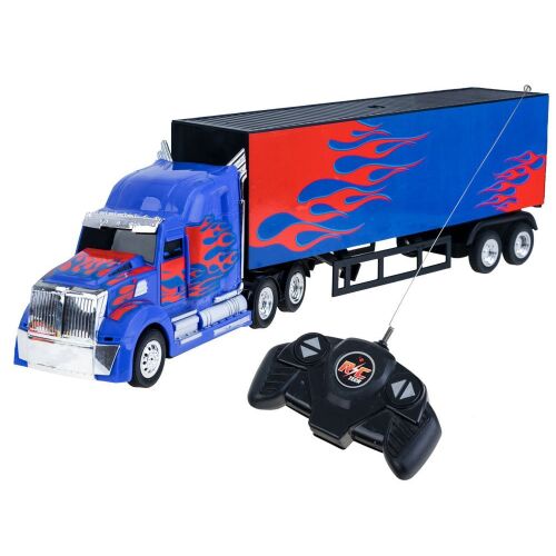 Távirányítású félpótkocsis teherautó lángokkal, kék és piros színben, távirányítóval