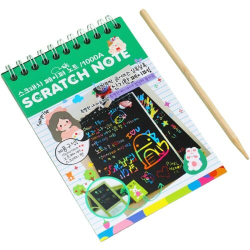 Caiet cu fise razuibile KipHome, DIY Magic Scratch, 12 File, Curcubeu, Creion din Lemn, Cartonase negre, 14.2 x 9.8 cm, Verde 113890003