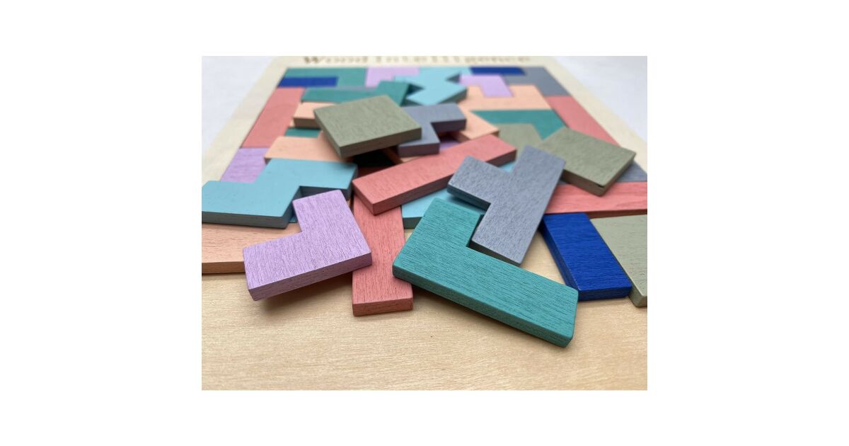 Puzzle Montessori, KipHome, din Lemn, Tip Tetris, +36 Luni, Forme Neregulate, 40 Piese, 26.5 x 17.7 cm, Multicolor Pastelat 113889982