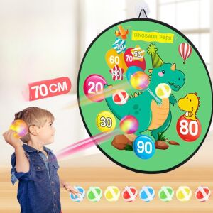 Copil jucându-se cu jocul Flippy Darts Parc Dinozauri, tablă pliabilă de 70 cm, 8 bile lipicioase, 2 bile luminoase - Jocuri de îndemânare în aer liber