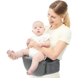 Nő, aki egy szürke Flippy ergonomikus 3 az 1-ben babahordozóban hordoz egy babát - Flippy