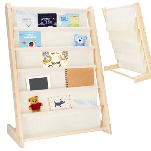 Dechland children's wooden book and toy storage stand, beige, 5 shelves, filled with books and toys, angled view - Living Room Furniture