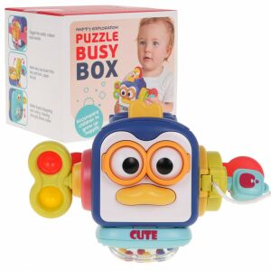 Happy Exploration Puzzle Busy Box, jucărie educativă multifuncțională pentru bebeluși, cu design de pinguin, cu diverse activități, cum ar fi un câine care iese, bile rotative, un pinguin care se leagănă, o floare și un iepuraș glisante, un compartiment care se deschide cu o cheie și un angrenaj rotativ - Ramiz Jocuri interactive pentru copii