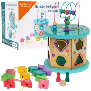 Holzkubus mit sechs Seiten, mit Perlenlabyrinth, Formensortierer, Schnürperlen, Brettspiel und Spielfiguren, für Kleinkinder und Vorschulkinder - Babywalker, Lauflernhilfen und Entwicklungsspiele für Kleinkinder