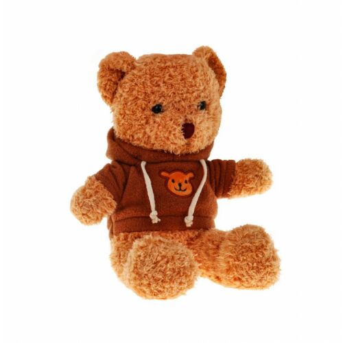 Urs de pluș maro purtând o bluză cu glugă maro, așezat pe un fundal alb