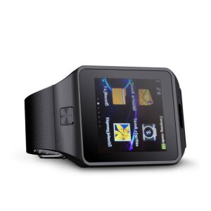 AlphaOne DZ okosóra fekete szíjjal, a képernyőn látható ikonok a hívásokhoz, üzenetekhez, kamerához és zenéhez - Okos eszköz