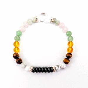 Barbara karkötő #2, színes gyöngyös karkötő különféle drágakövekkel, köztük hematit, hegyikristály, howlit, citrin, rózsakvarc, akvamarin, tigrisszem, aventurin - Barbara