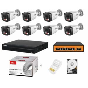 Dahua 8 csatornás IP biztonsági kamera rendszer 8x 4MP Dual Light kamerával, NVR-rel, POE kapcsolóval, merevlemezzel, kábelekkel és csatlakozókkal - Dahua