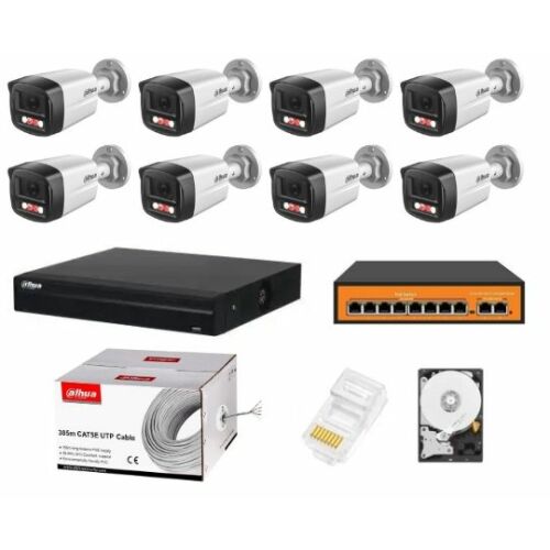 Dahua 8 csatornás IP biztonsági kamera rendszer 8x 4MP Dual Light kamerával, NVR-rel, POE kapcsolóval, merevlemezzel, kábelekkel és csatlakozókkal