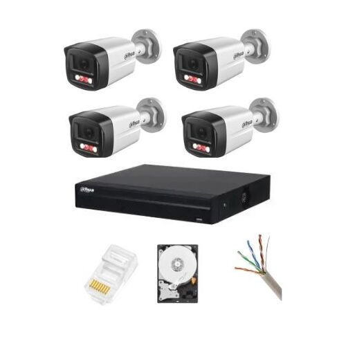 Dahua 4 kamerás biztonsági rendszer NVR-rel, merevlemezzel, kábelekkel és tartozékokkal
