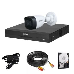 Dahua megfigyelő rendszer 1 kamerával, 2MP felbontással, 2,8 mm-es objektívvel, 30m IR hatótávolsággal, 4 csatornás DVR-rel, 5MP felbontással, 1 HDD-vel és tartozékokkal - Dahua Biztonsági kamera
