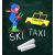 Agerino Szavak krétával játék, síelőt és taxit mutat, a "Ski Taxi" szavakkal krétával írva egy zöld táblára