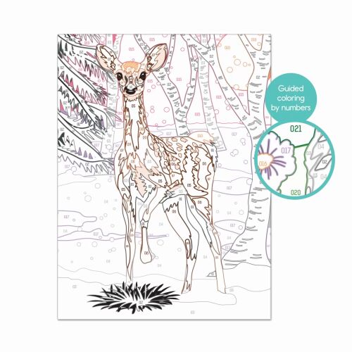 Számozott festés készlet, őz a hóban, irányított színezés számokkal, előnyomott vászon, festék és keret szett