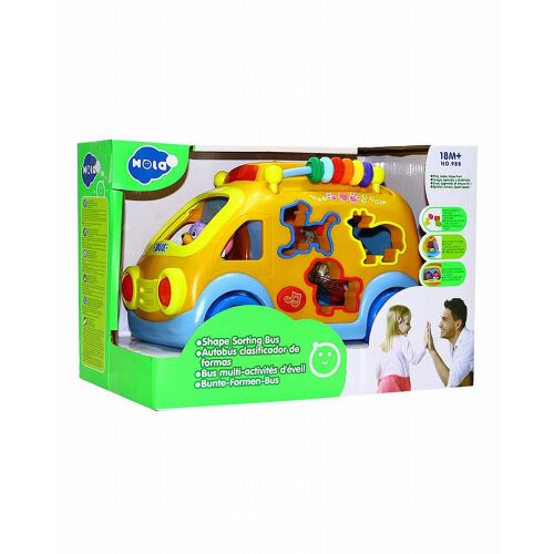 HolaToys Formaillesztő busz, sárga játékbusz állatformákkal, fényekkel és hangokkal babáknak, 18 hónapos kortól