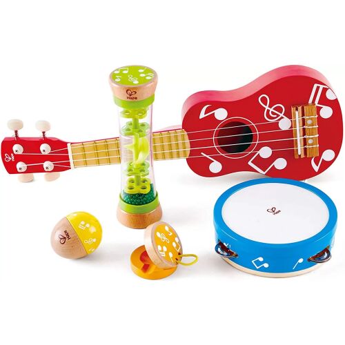 Hape Mini Band készlet, zenei játék gyerekeknek ukelelével, tamburával, marakákkal és rázkódós játékkal - Játék hangszer