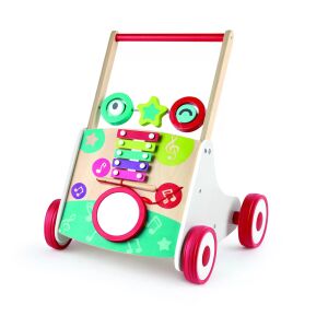 Hape Mein erster Musik-Gehwagen, hölzerner Baby-Gehwagen mit Xylophon, Trommel und drehenden Blöcken, Musikspielzeug für Kleinkinder - Babywalker, Lauflernhilfen und Entwicklungsspiele für Kleinkinder