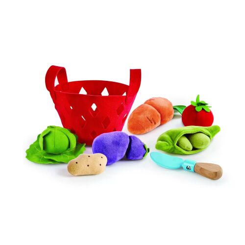 Hape Zöldségkosár játék szett piros filc kosárral, fa késsel és plüss zöldségekkel, mint például sárgarépa, krumpli, paradicsom, padlizsán, borsó és káposzta