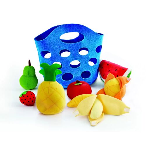 Hape Gyümölcs kosár játék szett 7 filc gyümölccsel, beleértve az ananászt, banánt, epret, görögdinnyét, almát, körtét és narancsot