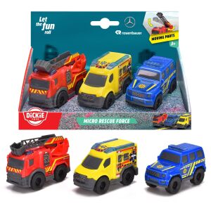 Dickie Toys SOS Mikro Set za spašavanje, 3 komada, 9 cm: Vatrogasno vozilo, vozilo hitne pomoći i policijski automobil - Igračka