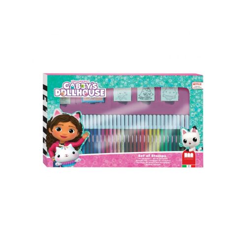 Gabby babaháza színező és bélyegző készlet 36 lemosható filctollal, 3 bélyegzővel és 1 tintapárnával