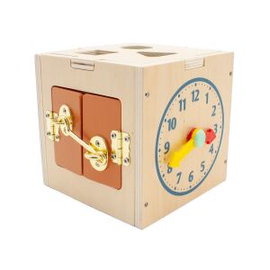Fejlesztő Fa Matató Kocka, hölzerner Aktivitätswürfel mit Uhr und Riegel - Babywalker, Lauflernhilfen und Entwicklungsspiele für Kleinkinder