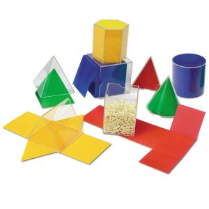 Set de 16 forme geometrice pliabile de la Learning Resources, prezentând diverse forme geometrice, inclusiv cuburi, piramide, prisme și cilindri. - Learning Resources