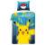Pikachu Pokemon ágyneműhuzat, 140x200cm, 70x90cm, kék háttérrel, neon vonalakkal, sárga Pikachu, piros és fehér Pokeball a párnahuzaton