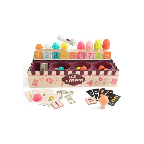 Игрален комплект за сладолед с номера, конуси, лъжици, пари и карти за деца, за да се учат на математика и броене