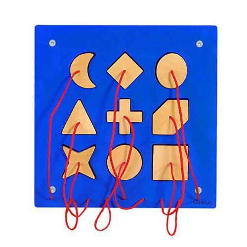 Beleduc Geometrische Formen Wandaktivität - 9 Holzformen mit Schnüren zum Einfädeln, magnetische Befestigung, blauer Hintergrund