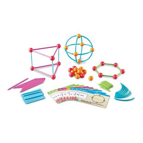 Set de construcție Learning Resources 3D Shapes in the Sea, arătând toate piesele și cărțile de activitate