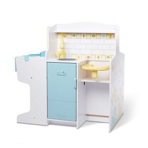 Play Center A babák gondozása set de joacă pentru îngrijirea bebelușilor cu masă de schimbat, bucătărie și zonă de joacă, alb și albastru, din lemn - Bucatarie pentru copii