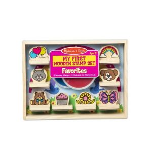 Melissa & Doug My First Wooden Stamp Set Favorites bélyegkészlet, amely 8 színes képpel ellátott fabélyeget tartalmaz: plüssmackó, léggömbök, szivárvány, cica, kiskutya, torta, virág és pillangó, 2 mosható tintatartót és egy fa tálcát - Nyomda