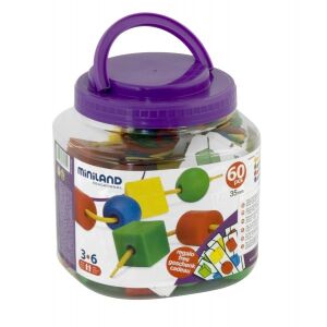 Zestaw do nawlekania kształtów geometrycznych Miniland Educational, 60 elementów, 35 mm, dla dzieci w wieku 3-6 lat - Gra