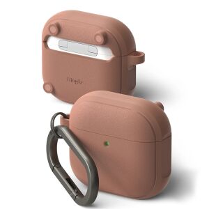 Bluetooth fülhallgató töltőtok tartó, szilikon, vezeték nélküli töltés támogatás, Magsafe kompatibilis, karabiner, Apple AirPods 4 kompatiblis, Ringke Onyx Magnetic, korall