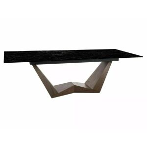 Bonucci Ceramic bővíthető étkezőasztal fekete edzett üveg és kerámia asztallappal, dió színű geometrikus talppal - Signal