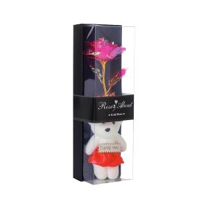 Arany rozsa ajándék szett macival - Rozsaszín-Piros ajándékcsomag, tartalmaz egy aranyrózsát, egy 'Szeretlek' feliratú plüssmackót és egy díszdobozt - Ajándék ötlet Valentin-napra