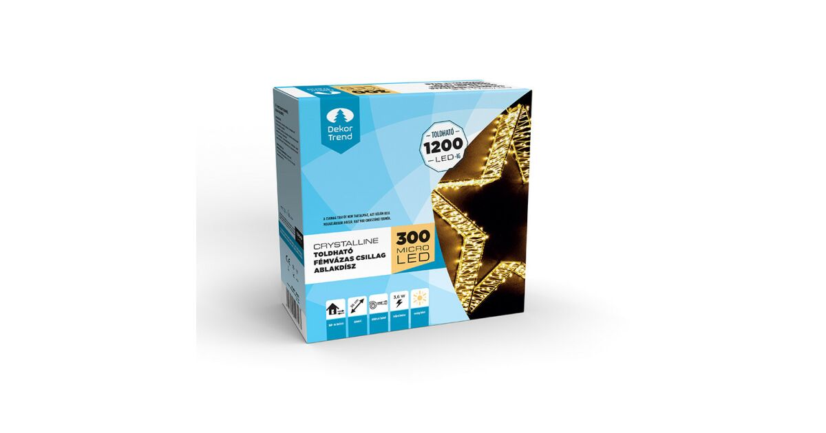 Crystalline toldható fémvázas csillag ablakdísz, 300 micro LED, MELEG FEHÉR, 30 cm átmérő 113982532