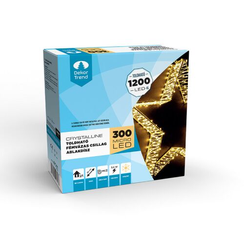 Crystalline toldható fémvázas csillag ablakdísz, 300 micro LED, MELEG FEHÉR, 30 cm átmérő 113982532