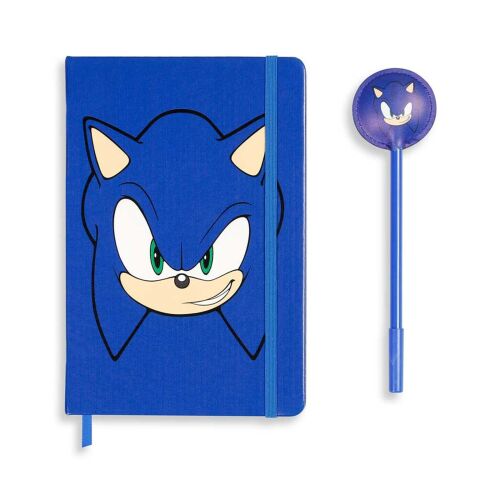 Sonic The Hedgehog Notizbuch und Stift-Set, blaues Notizbuch mit Sonics Gesicht auf dem Cover, blauer Stift mit Sonics Kopf auf der Oberseite